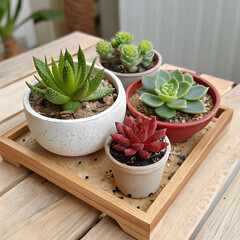 Various succulents in ceramic pots on a wooden tray decorated with pebbles