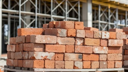 Stack of red bricks on palette at construction site with scaffolding in background for building and architecture concept