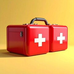 Obraz premium Glossy red first aid kit with a plus symbol against a yellow backdrop in a brightly lit studio setting
