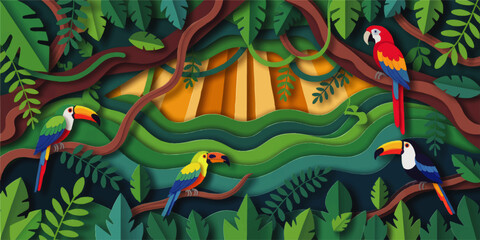 Fototapeta premium Tropical rainforest parrots and toucans on branches, vibrant jungle foliage and sunset, colorful paper cut style wildlife illustration
