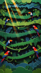 Fototapeta premium Colorful tropical parrots and toucans in lush jungle foliage with sun rays, vibrant rainforest paper cut illustration background