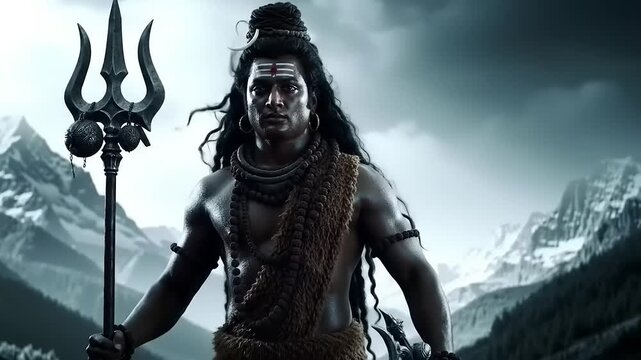 Hindu deity with trident in mountainscape.