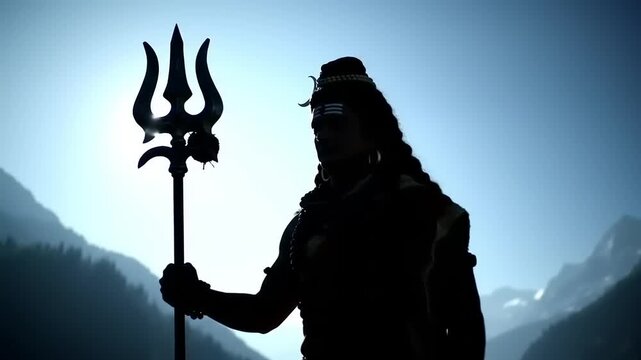 Hindu deity with trident with mountain background.