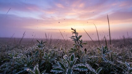 Fototapeta premium Frosty Meadow at Sunrise with Wild Plants and Soft Pastel Sky, Peaceful Winter Morning Nature Landscape