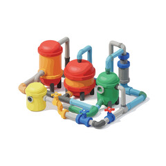 Fototapeta premium Colorful industrial water treatment plant with tanks and pipes, isolated on white background