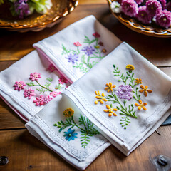 beautifully hand-stamped handkerchiefs adorned with floral patterns on a wooden table
