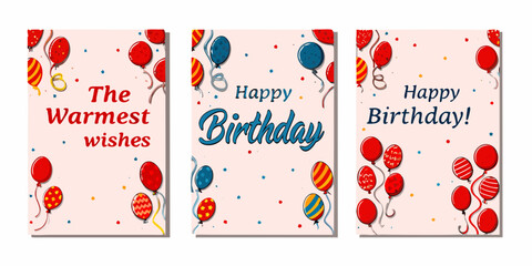 Colorful birthday card triptych with balloons and celebratory messages
