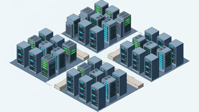 Isometric 3D illustration of a data center with multiple server racks.