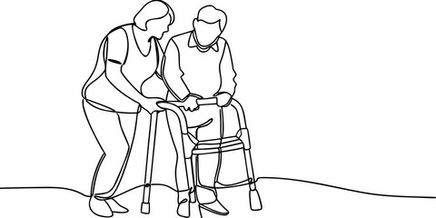 A caregiver assisting an elderly person with a walking aid