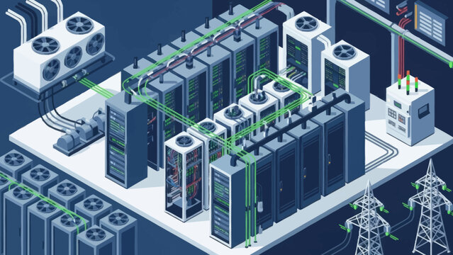 Isometric illustration of a data center with servers and power infrastructure.