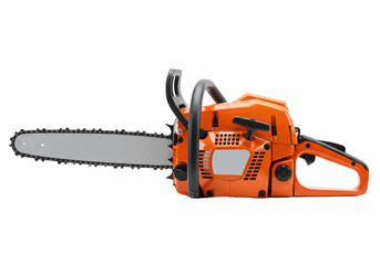 ultra-photorealistic side profile of a brand-new, vibrant orange professional gasoline chainsaw with a silver cutting chain, against a transparent infinity background. Concept for product advertising