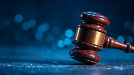 Gavel with a polished wooden head and brass band on a blue background symbolizing justice and law