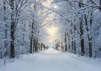 Snowy forest path winter landscape
