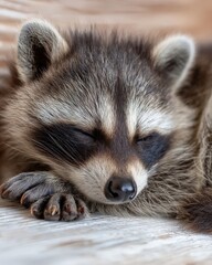 baby raccoon resting in clean environment, protection theme