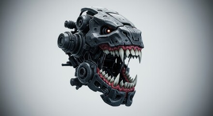 Cybernetic predator head with gleaming red eye and fearsome dental array showcasing robotic ferocity