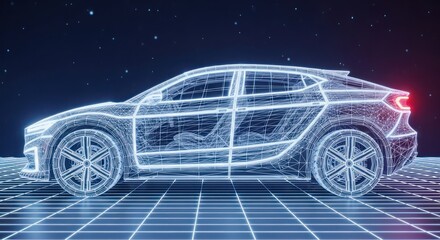 Futuristic car blueprint design with digital grid and space background visualization