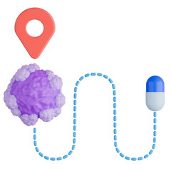 3D medical illustration showing drug capsule following a designated path towards location pin on a tumor. Represents precision medicine.