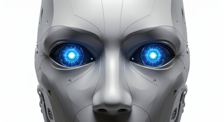 Futuristic humanoid robot face with luminous blue eyes and metallic skin details