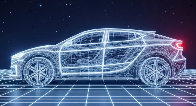 Futuristic car blueprint design with digital grid and space background visualization - Powered by Adobe