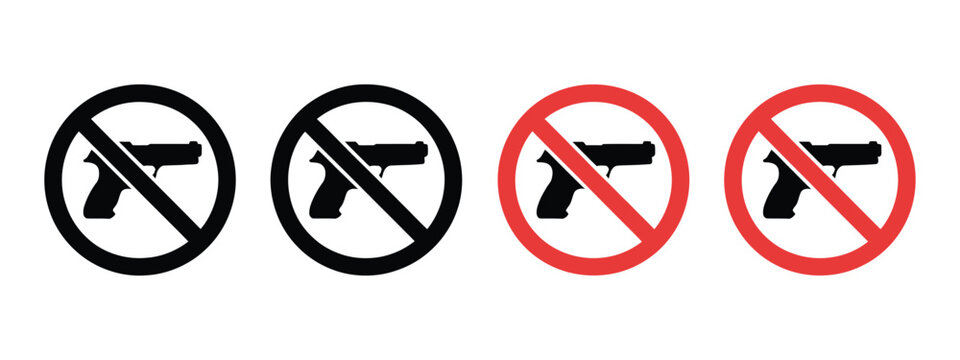 No Gun Icons, black and blue prohibition symbols representing weapon restriction, firearm ban warning and public safety regulation design.