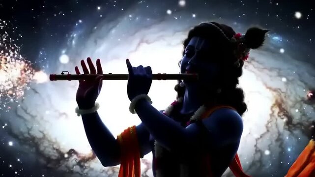 Hindu God Krishna playing flute in space. (1)