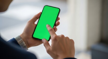 Modern businessman interacting with a smartphone displaying a vivid green screen for application