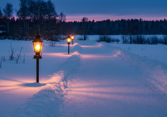 Snowy pathway with illuminated lamps at dusk