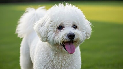 Close-up portrait of a cheerful white furry companion with a pink tongue out, standing on a lush green lawn, conveying happiness and charm