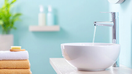 Fototapeta premium Modern bathroom design features sleek faucet pouring water into white bowl sink, complemented by neatly stacked towels