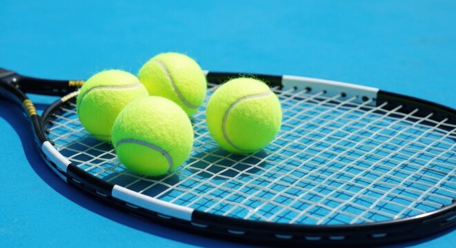 A tennis racket with four balls on a bright blue court, close-up view