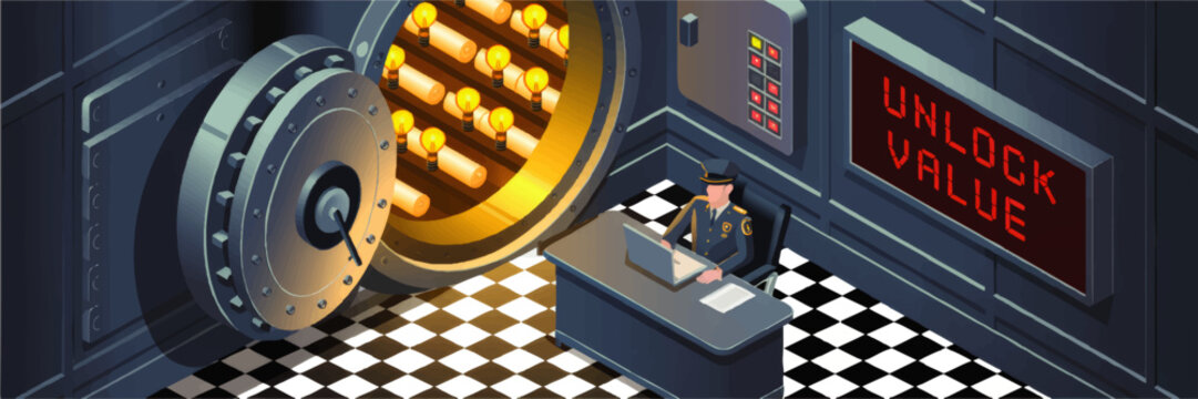 Unlock value concept illustration with security guard at laptop in bank vault full of glowing light bulb ideas, innovation wealth