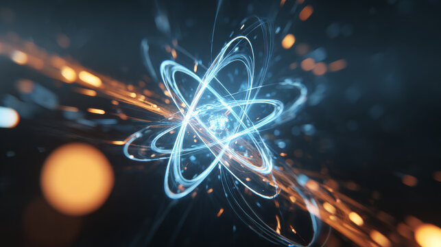 Glowing blue atom with dynamic electron orbits and atomic structure in a futuristic scientific visualization