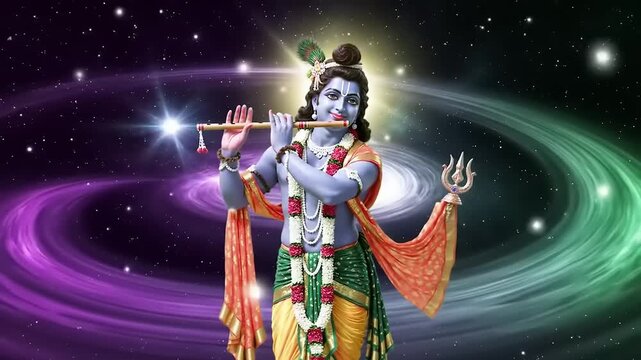 Hindu God Krishna playing flute in space.