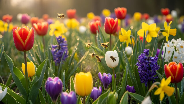 A beautiful field of colorful spring tulips in full bloom creates a vibrant garden landscape filled with pink, red, and yellow floral blossoms celebrating the beauty of the season - Powered by Adobe
