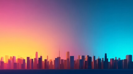 Fototapeta premium Vibrant city skyline at sunset with gradient colors.
