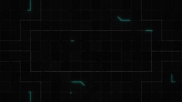Futuristic HUD interface frame with glowing lines on dark grid background for motion graphics, intros, corporate explainers. 