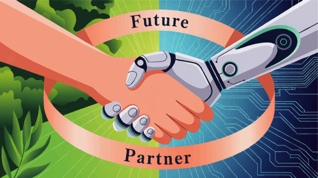 Human and robot handshake partnership concept, artificial intelligence collaboration with nature and technology background, future cooperation - Powered by Adobe