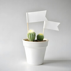 Minimalistic potted cactus with decorative flags in a simple white pot