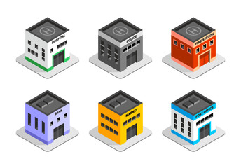Isometric Building Set. Hospital, Police department, Fire station, Bank, Market, Post office. Simple, clean design. Isolated on white background. Flat style
