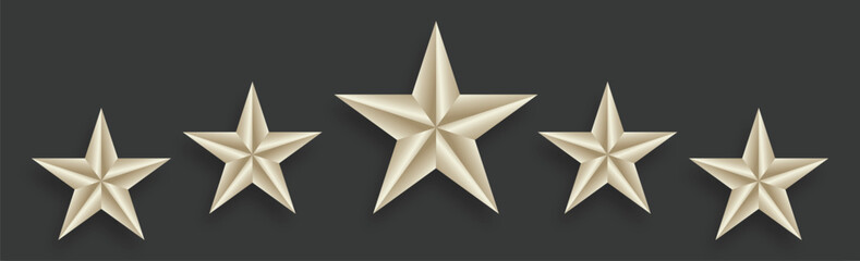 Obraz premium Five shiny golden stars on a dark background, with the central star being prominently larger than the others, suggesting a high-quality rating or achievement.