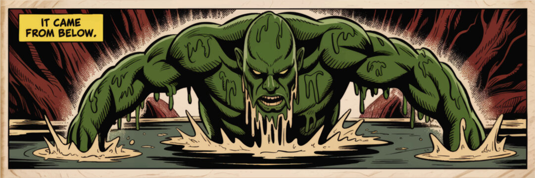 Retro horror comic panel of green swamp monster emerging from murky water in eerie forest, vintage scary illustration