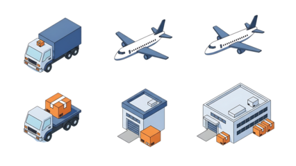 Isolated logistics and transportation icons on transparent background