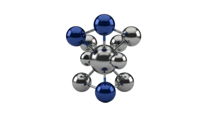 3D molecular model with silver and blue spheres on white background