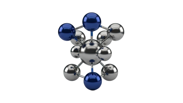 3D molecular model with silver and blue spheres on white background - Powered by Adobe