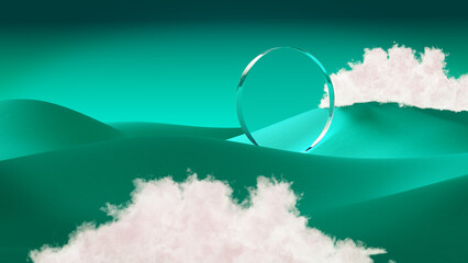 3D render Abstract minimalistic surreal glass sphere lens rests on the sandy surface of a desert. The background shows rolling sand dunes under a sky with clouds during sunset