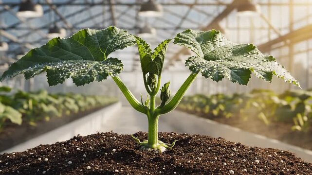 A young green seedling rises from rich soil in a sunlit greenhouse, rows in background. Under glass