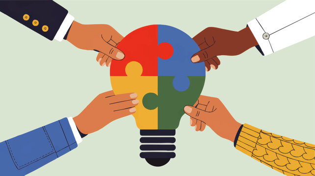 Diverse teamwork holding light bulb puzzle pieces, collaborative innovation, creative problem solving, business partnership illustration