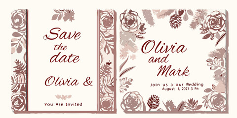 Elegant save the date card design featuring floral patterns and script typography
