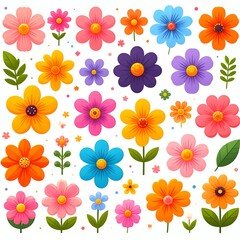 Obraz premium Assortment of colorful, cartoonish flowers with leaves on a white background