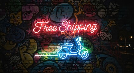 Illuminated promise: A vibrant neon sign against urban street art announces complimentary delivery
